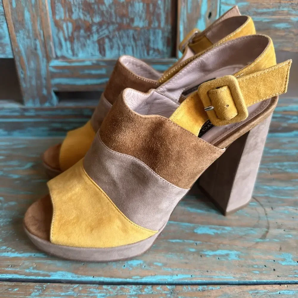 Alberto Zago Milano Suede Leather Platform Peeptoe Sandals Heels Made Italy 36